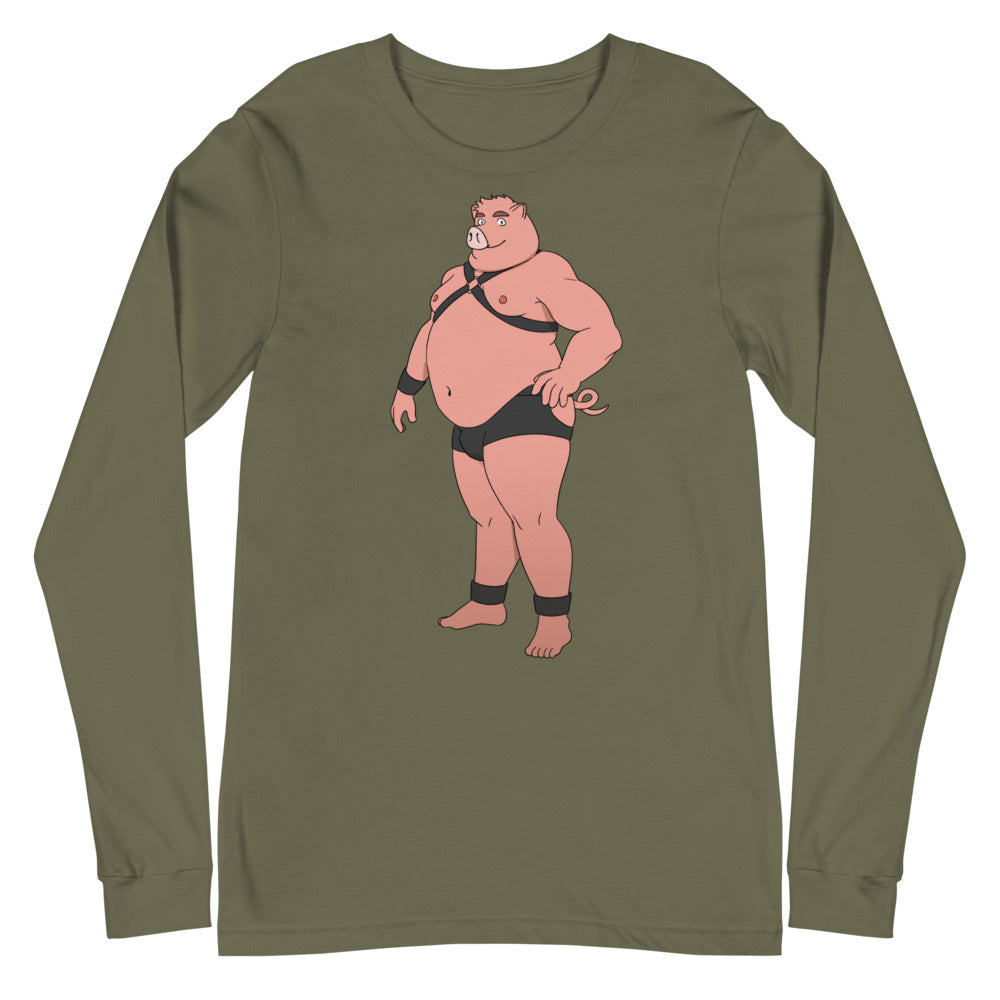 Front view of an olive-green long-sleeve shirt with a cartoon pig in black harness gear and briefs