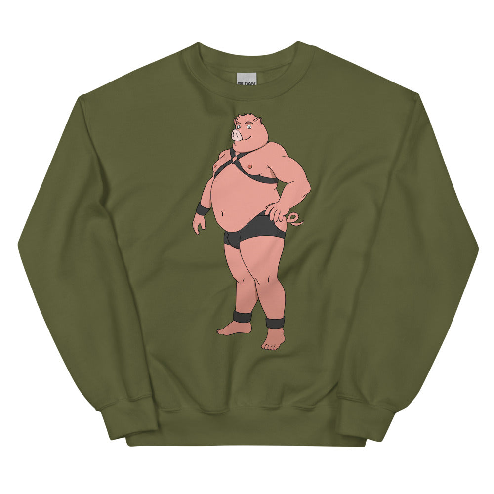 Olive green sweatshirt with a cartoon pig in black harness and briefs