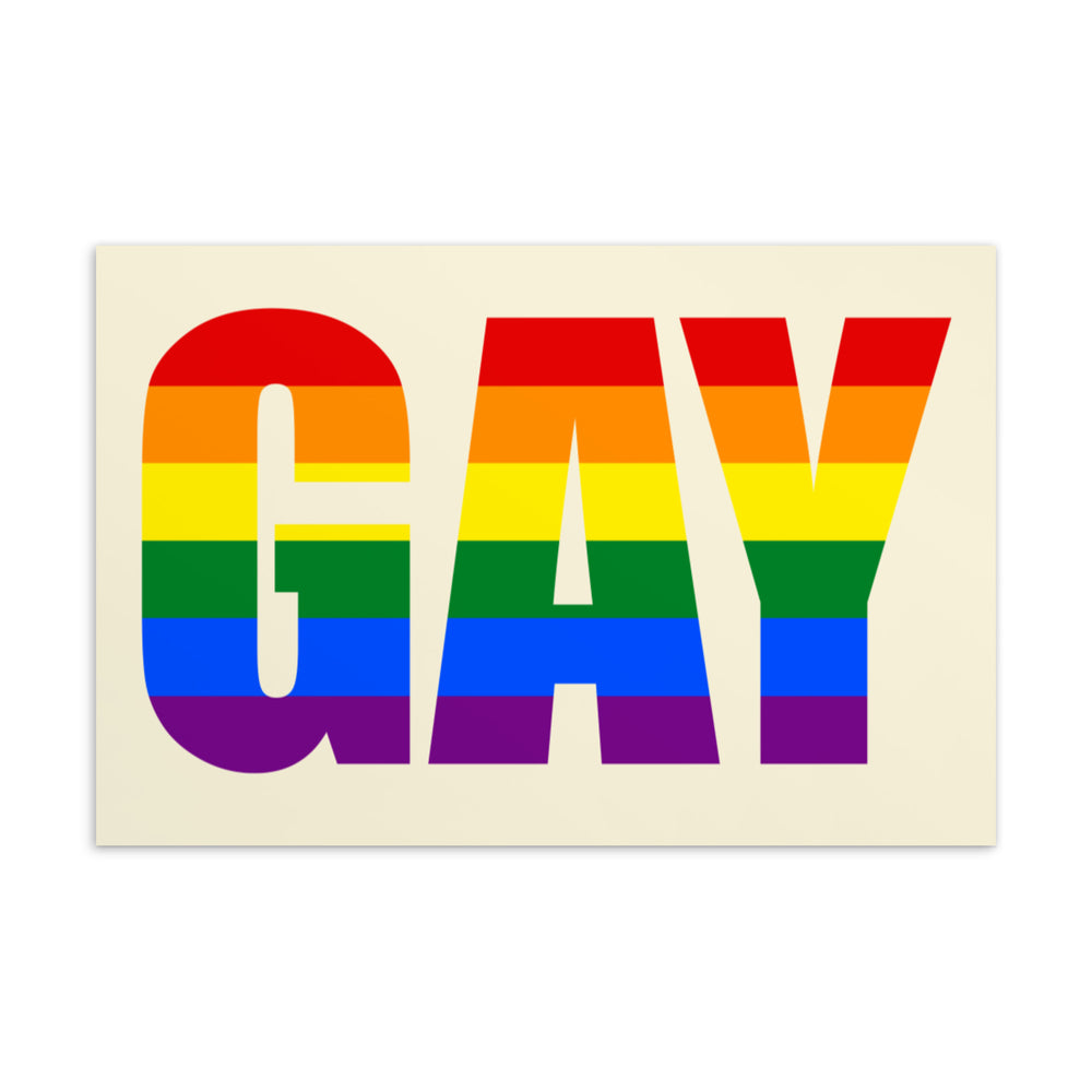 Postcard with the word “GAY” in large rainbow-striped letters on a cream background