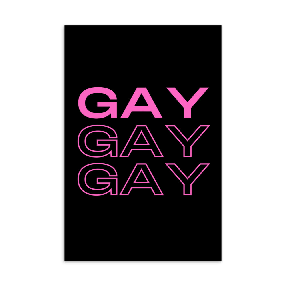 Black postcard with three stacked pink “GAY” words, alternating solid and outlined lettering