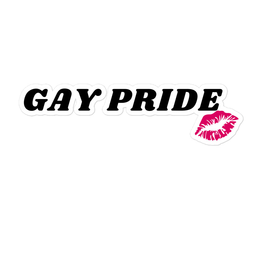 Gay Pride sticker with bold black lettering and a pink lips graphic