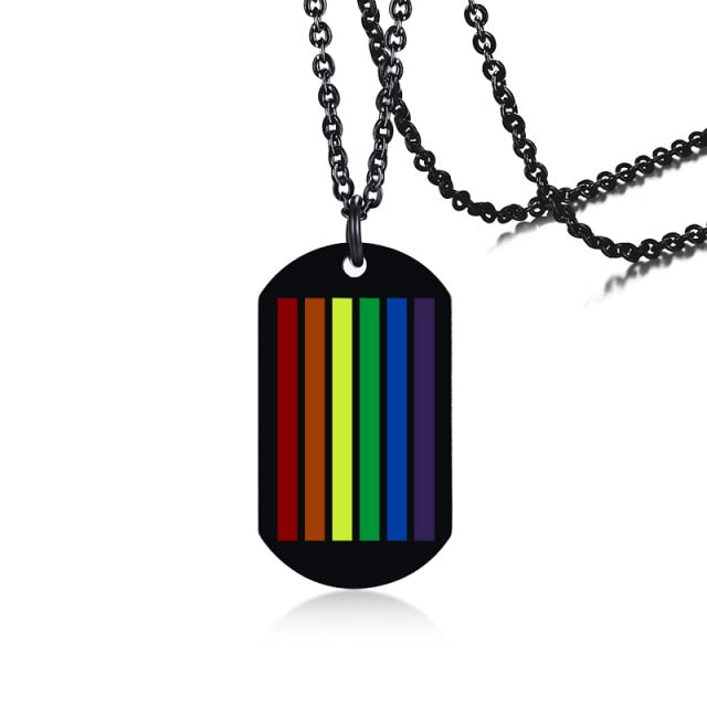 Black dog tag necklace with vertical rainbow-colored stripes on a white background