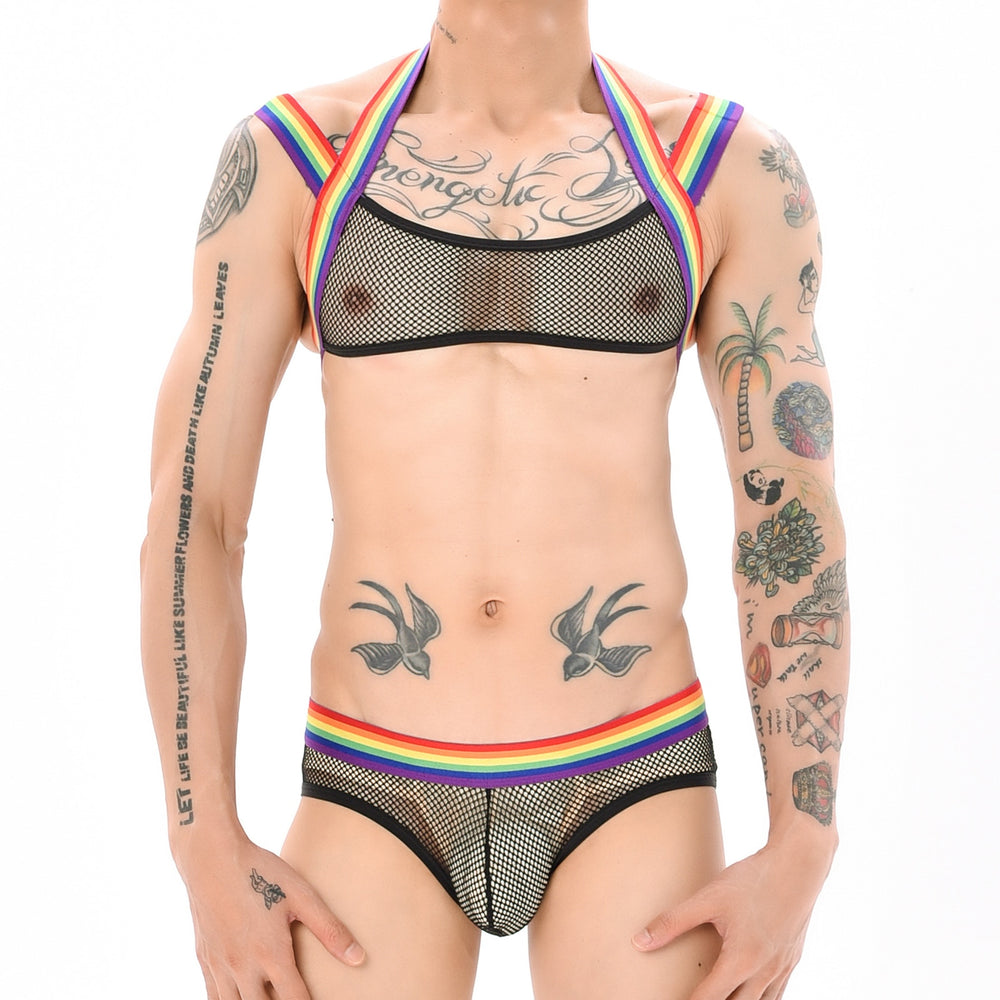 Front-facing model wearing a black mesh harness and briefs with rainbow Pride trim