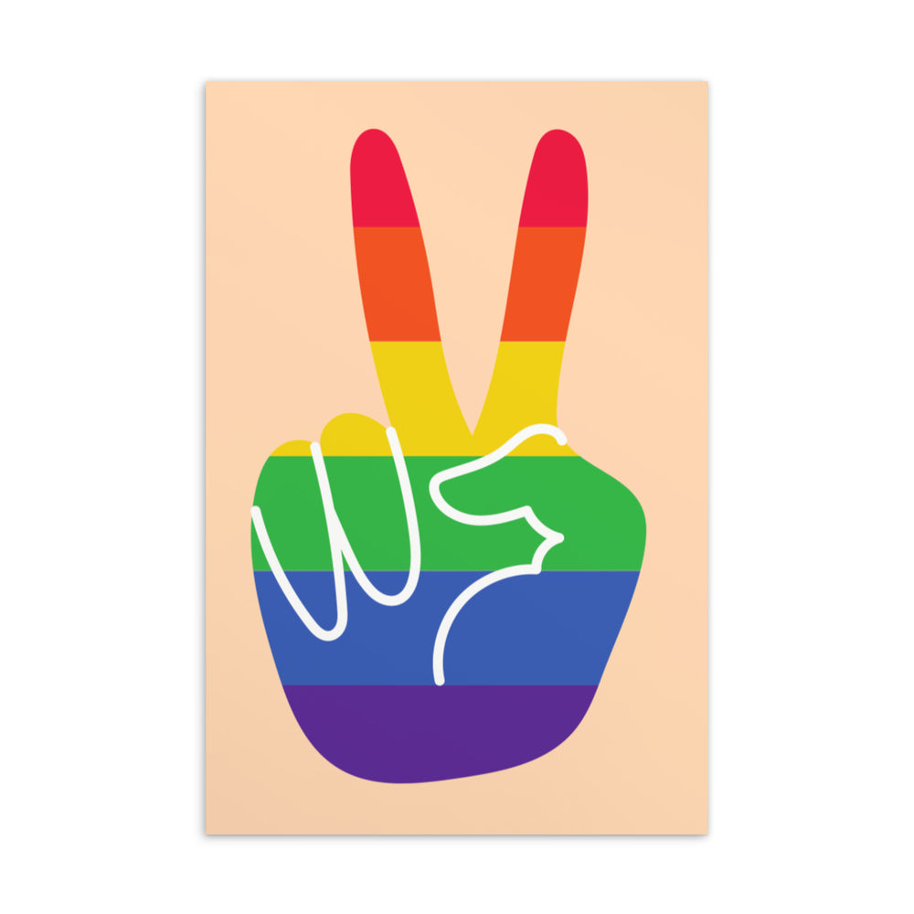 Gay Pride postcard with a rainbow-striped hand forming a V-shaped peace sign