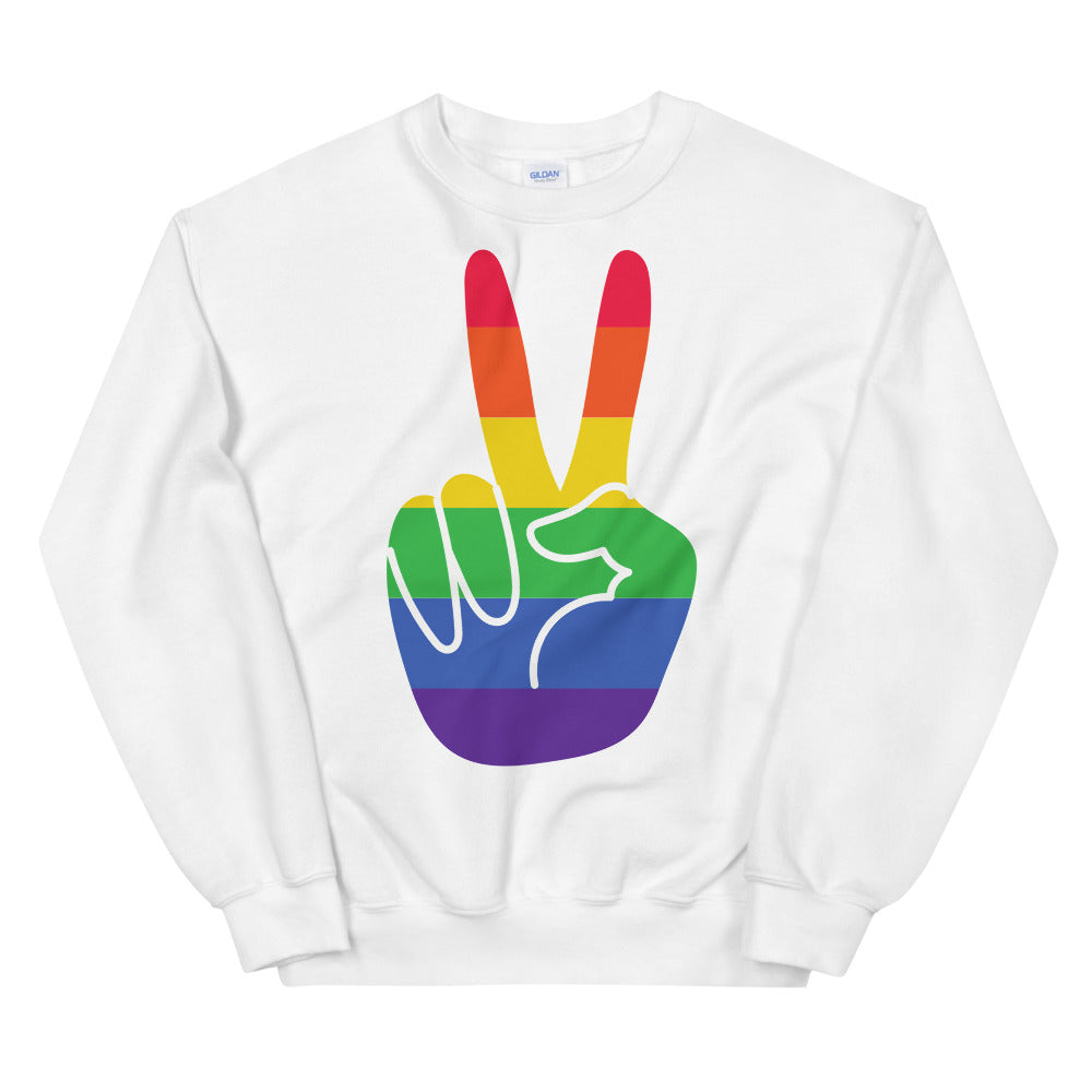 Front view of a white sweatshirt with a rainbow peace-sign hand graphic