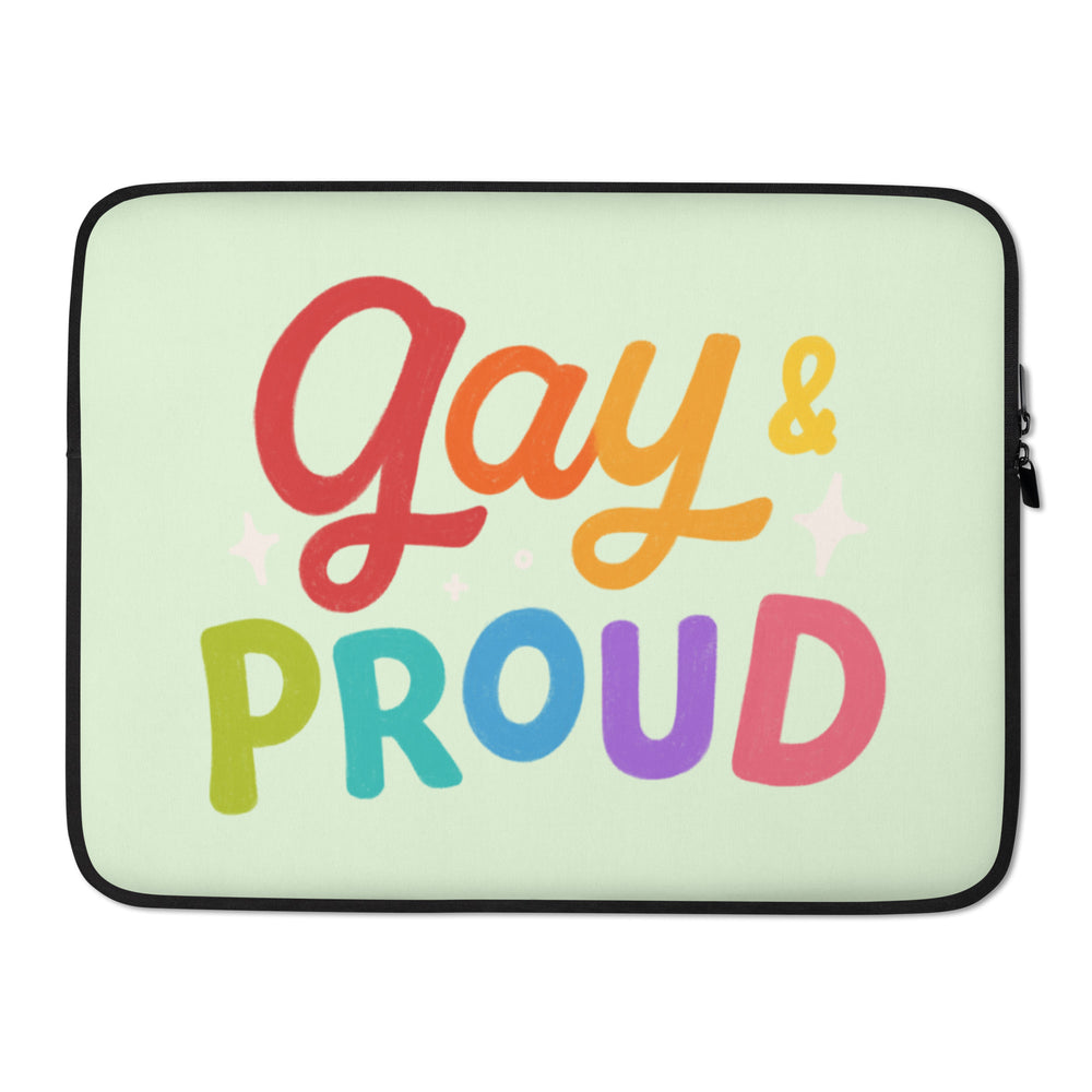 Front view of a pale green laptop sleeve reading “Gay & Proud” in rainbow letters