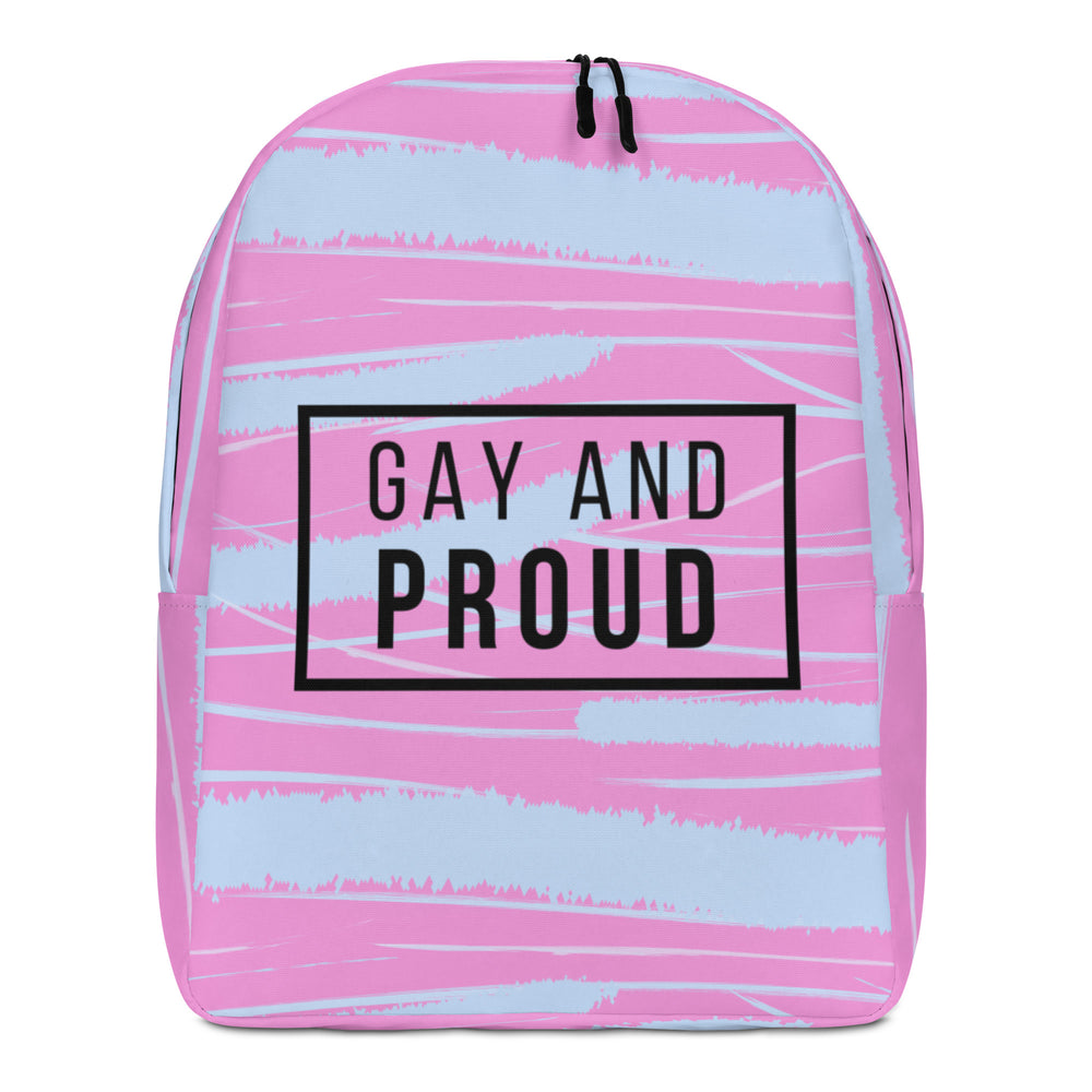 Front-facing pink and light blue backpack labeled “GAY AND PROUD” in black