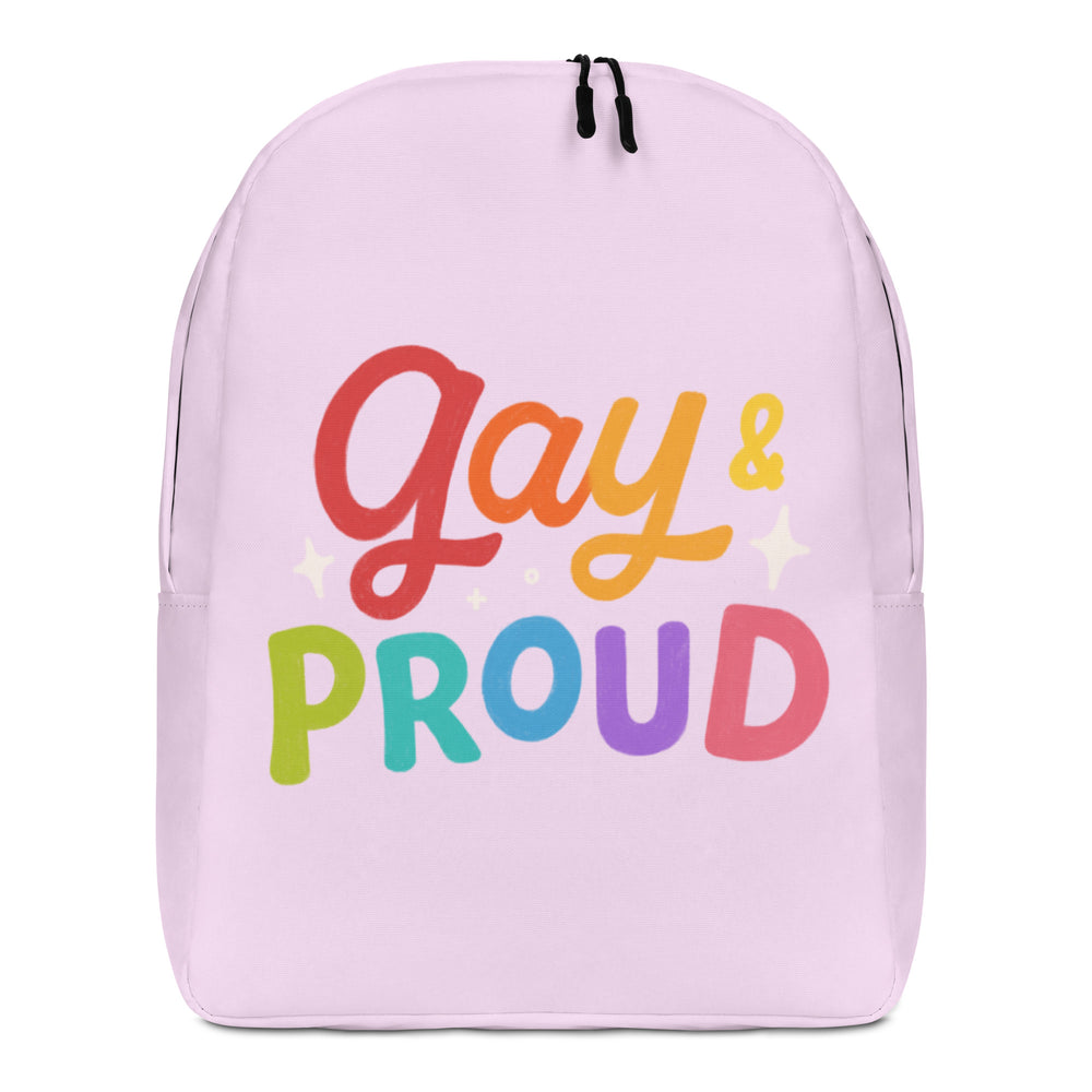 Front-facing light pink backpack with colorful “Gay & Proud” lettering and sparkles