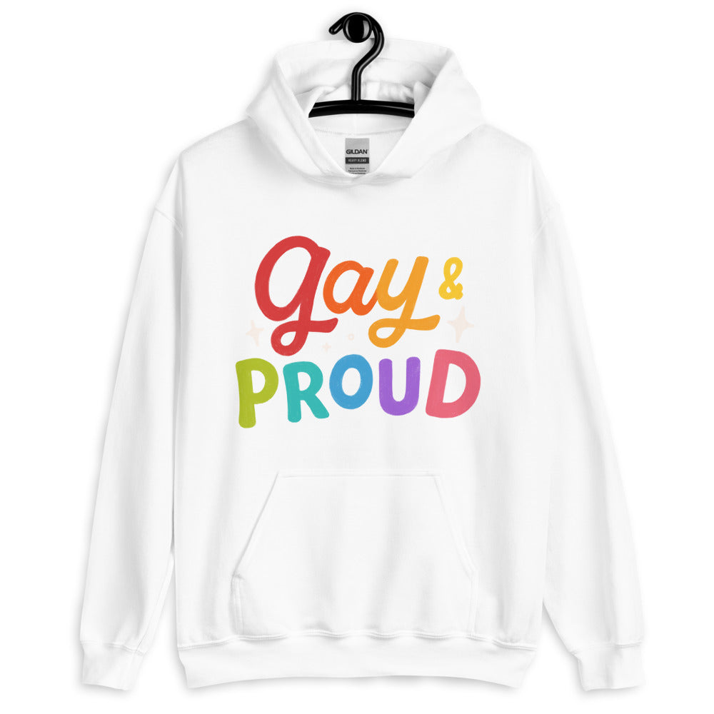 Front view of a white hoodie on a hanger with rainbow “Gay & Proud” lettering