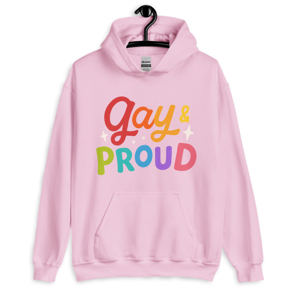 Front view of a pink hoodie reading “Gay & Proud” in colorful letters