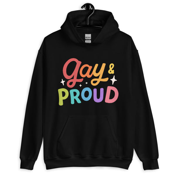 Front view of a black hoodie with colorful “Gay & Proud” lettering