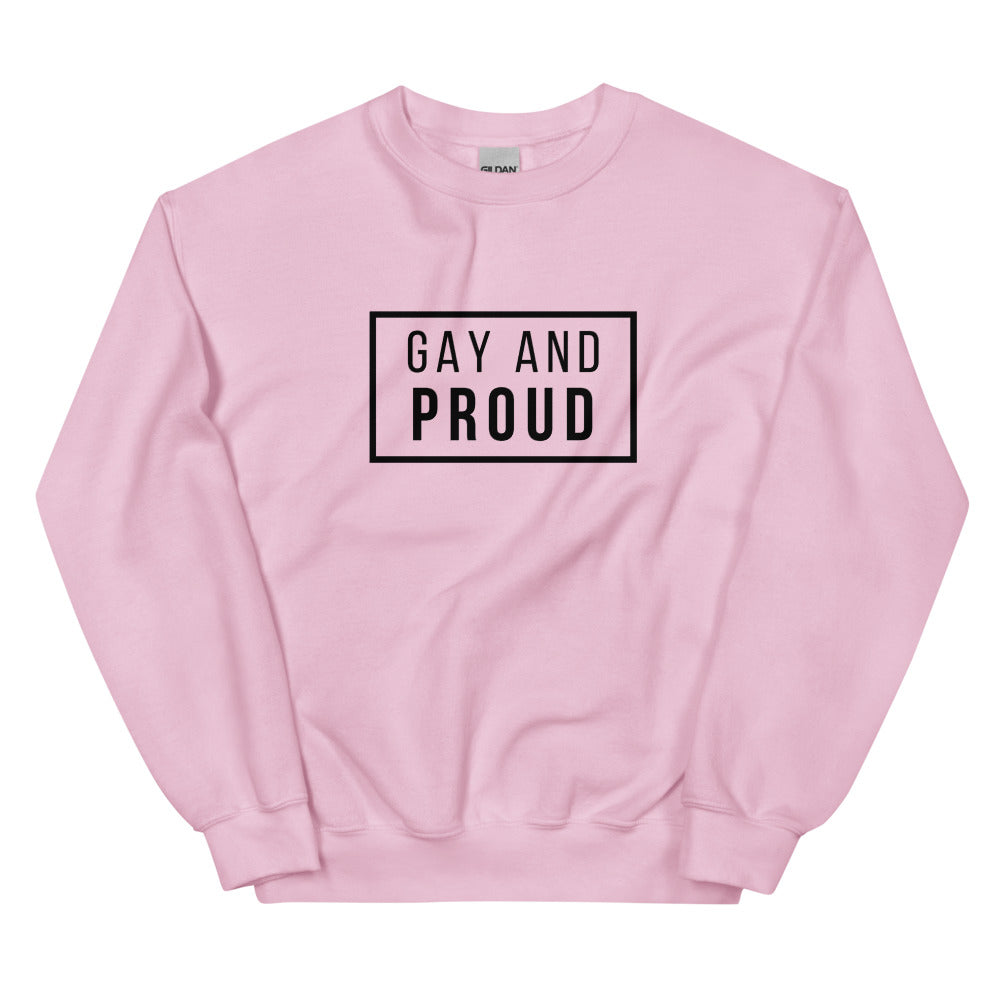 Front view of a pink sweatshirt reading “GAY AND PROUD” in a black outlined box