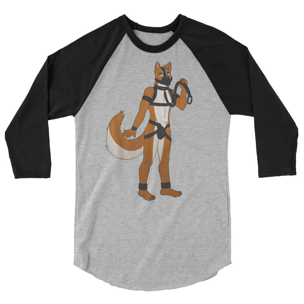 Front view of a gray raglan shirt with black sleeves and an anthropomorphic fox pup in gear