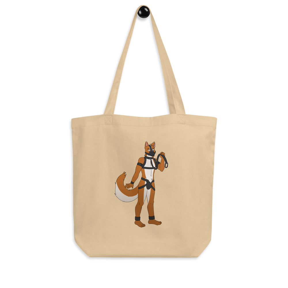 Natural canvas tote featuring an illustrated anthropomorphic pup in a harness and collar