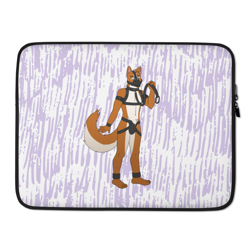 Laptop sleeve with a cartoon orange-and-white pup character in black harness gear on a lavender background