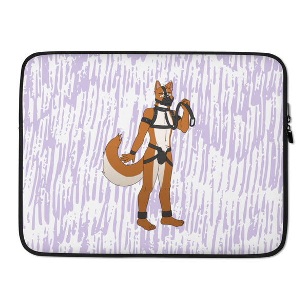 Laptop sleeve with a cartoon orange-and-white pup character in black harness gear on a lavender background