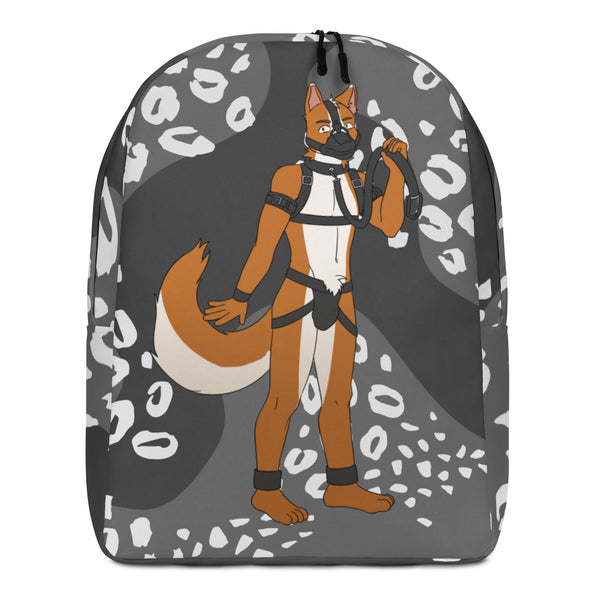Front view of a gray backpack with a cartoon pup in a harness and black-and-white pattern