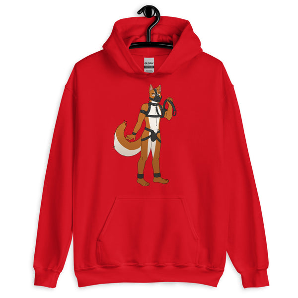 Front view of a red pullover hoodie with a cartoon anthropomorphic pup in harness gear