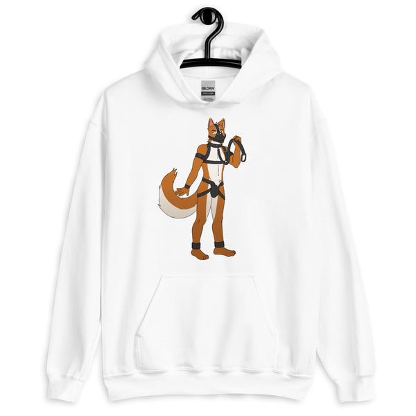White hoodie with a central illustration of an anthropomorphic fox in pup gear