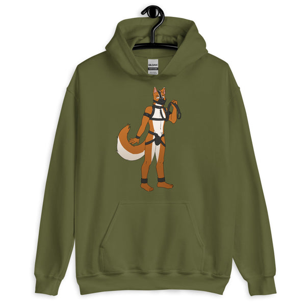 Front view of an olive-green hoodie with an illustrated anthropomorphic pup in harness gear