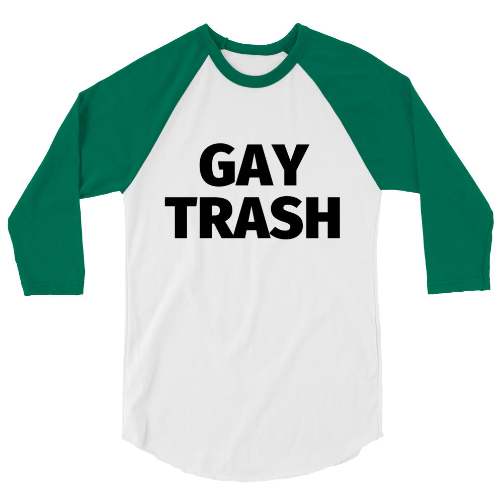 Front view of a white and green raglan shirt reading “GAY TRASH” in black