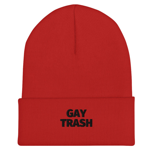 Red ribbed cuffed beanie with black “GAY TRASH” text on the front