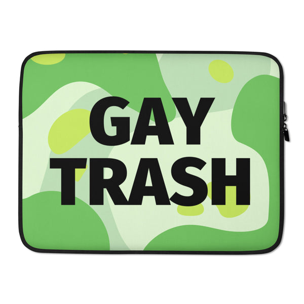 Front view of a green laptop sleeve reading “GAY TRASH” in large black letters