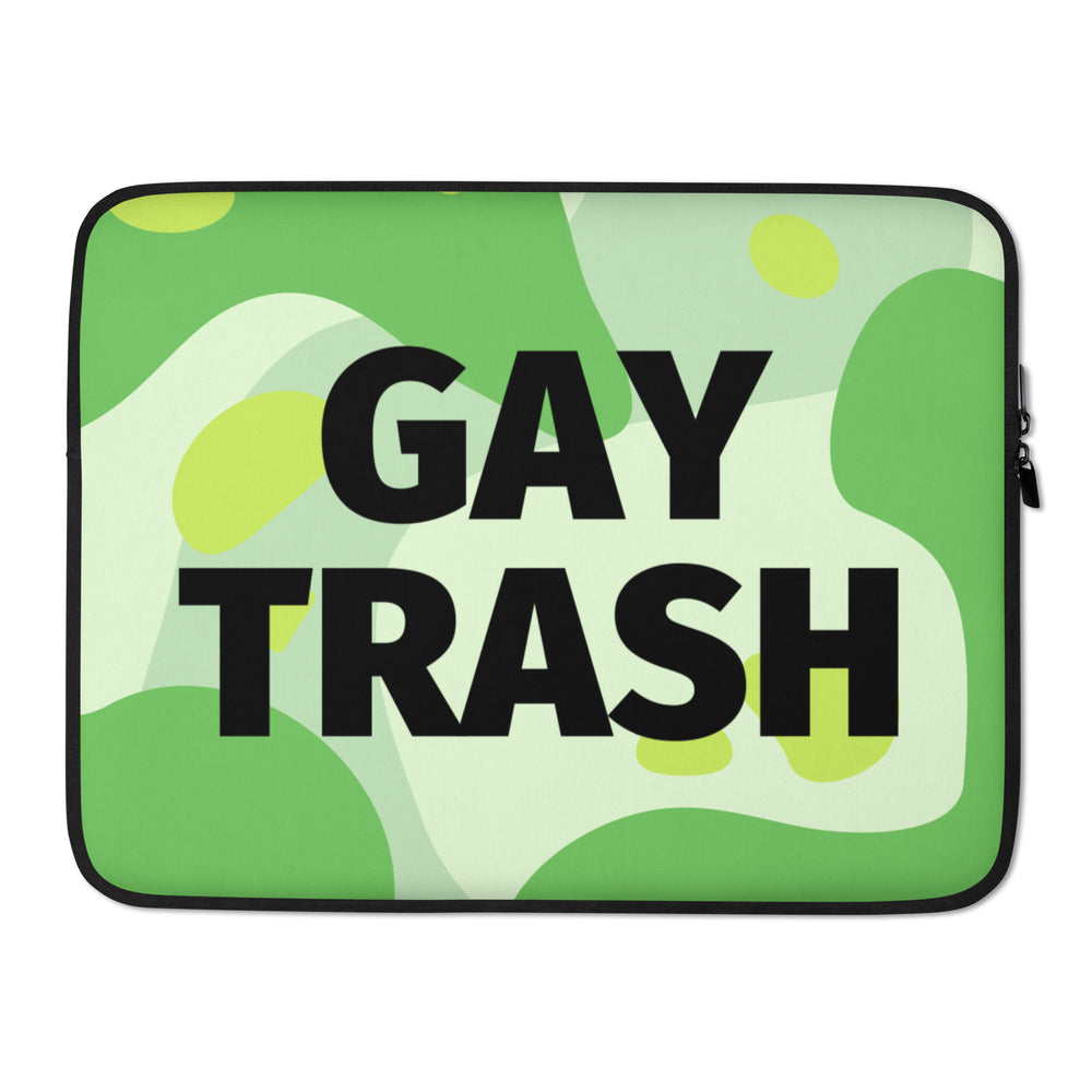 Front view of a green laptop sleeve reading “GAY TRASH” in large black letters