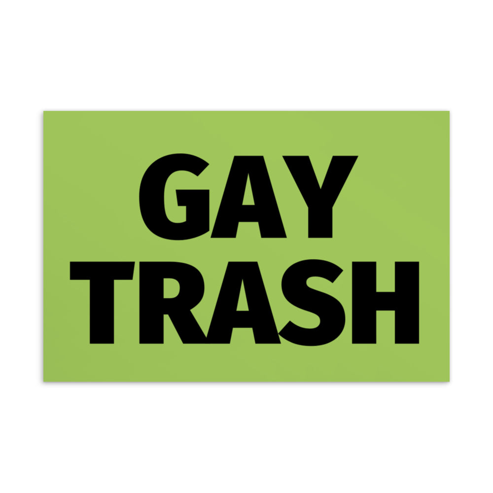 Postcard with bold black text reading “GAY TRASH” on a light green background
