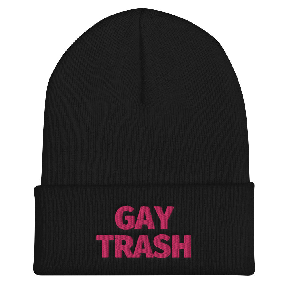 Black cuffed beanie with pink “GAY TRASH” lettering