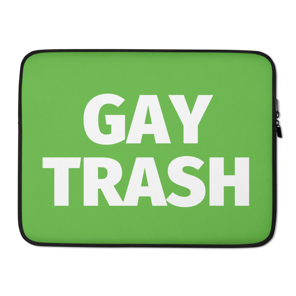 Front view of a bright green laptop sleeve with bold white “GAY TRASH” text and black trim