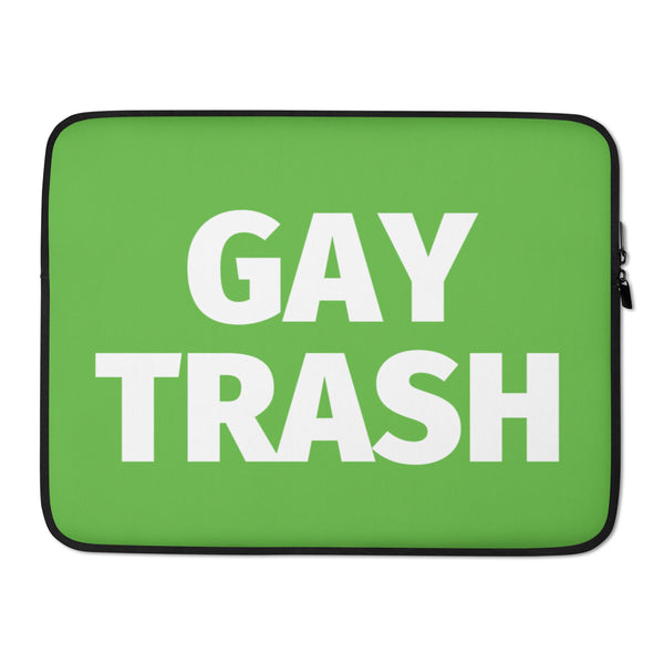 Front view of a bright green laptop sleeve with bold white “GAY TRASH” text and black trim