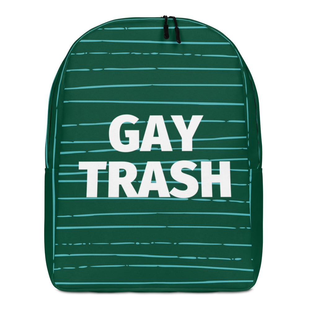 Front-facing dark green backpack with turquoise lines and bold white “GAY TRASH” text