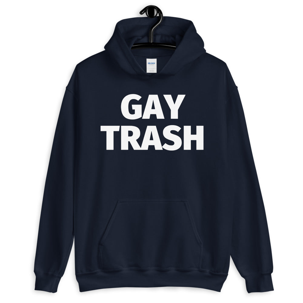 Navy pullover hoodie with bold white “GAY TRASH” lettering and front kangaroo pocket
