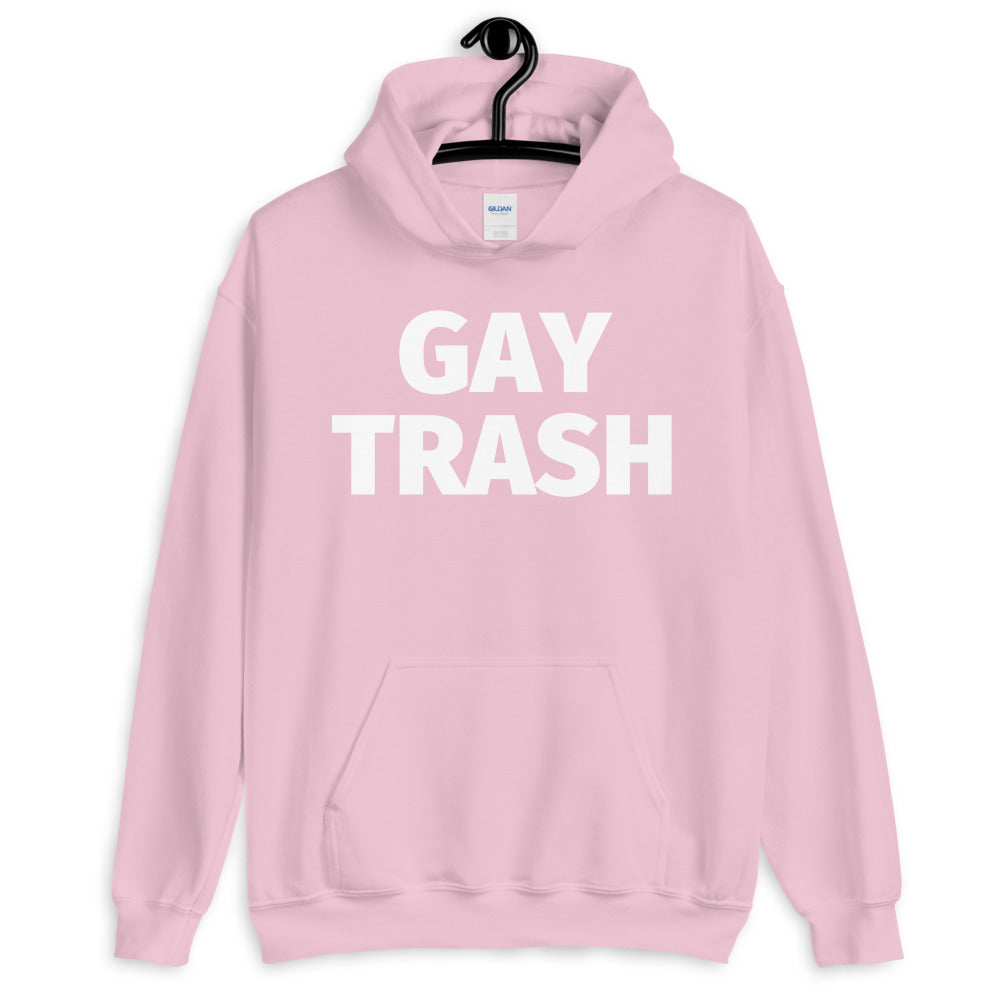 Pink pullover hoodie with bold white “GAY TRASH” lettering on the front