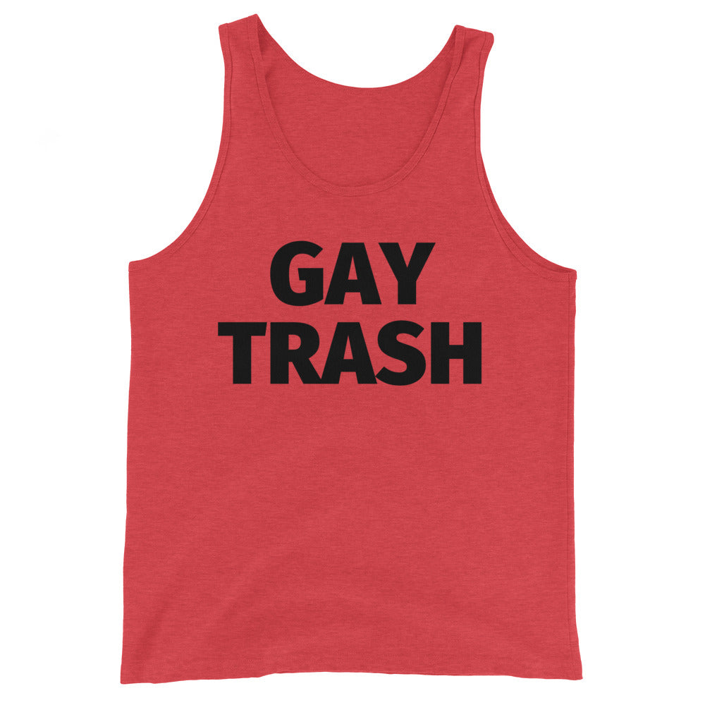 Red tank top with bold black “GAY TRASH” text across the chest