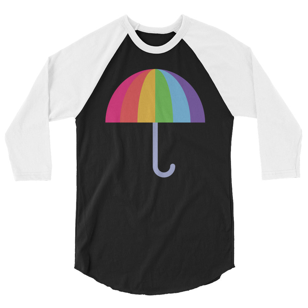 Front view of a black-and-white raglan shirt with a rainbow umbrella graphic
