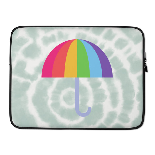 Laptop sleeve with a rainbow umbrella graphic on a pale cloudy background