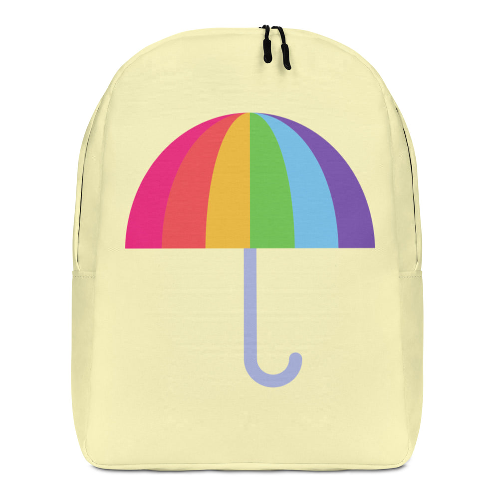 Front view of a pale yellow backpack with a rainbow umbrella graphic