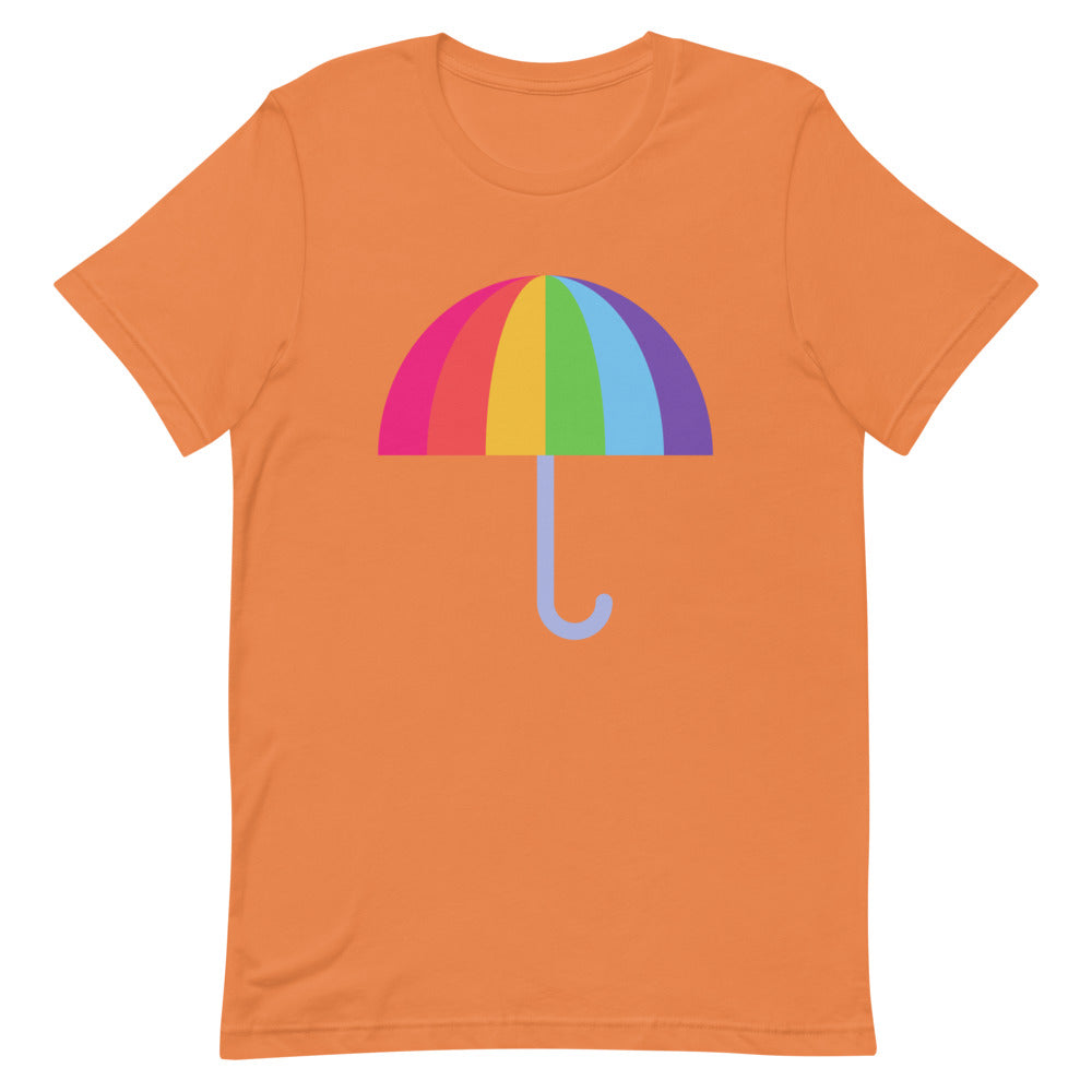 Front view of an orange T-shirt with a rainbow umbrella graphic