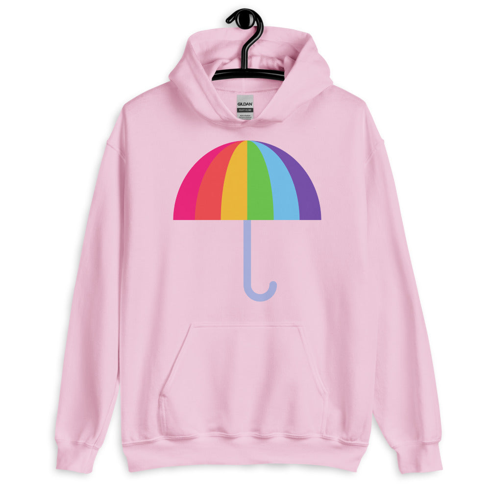 Front view of a light pink hoodie with a rainbow umbrella graphic