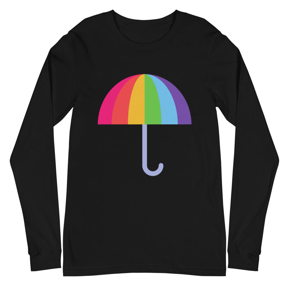 Front view of a black long-sleeve shirt with a rainbow umbrella graphic