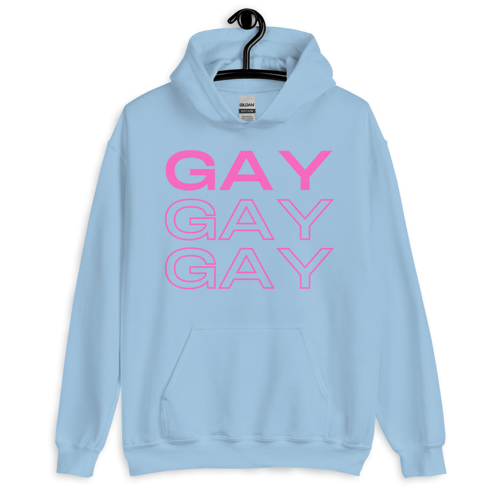 Front-view light blue hoodie on a hanger with pink “GAY” repeated three times