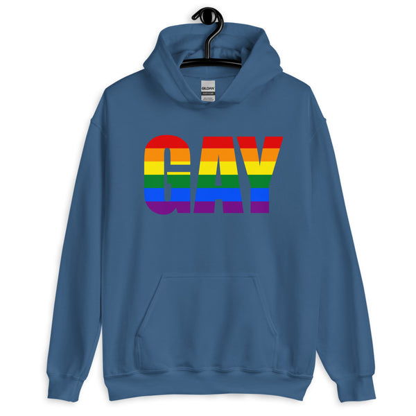 Front-facing indigo blue hoodie with the word “GAY” in rainbow stripes
