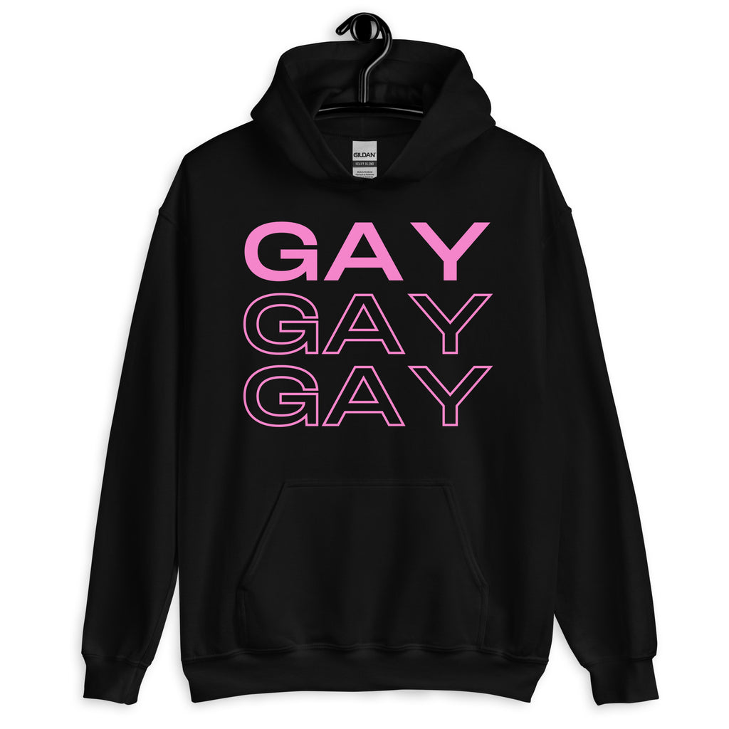 Front view of a black pullover hoodie with three pink “GAY” lines and a kangaroo pocket