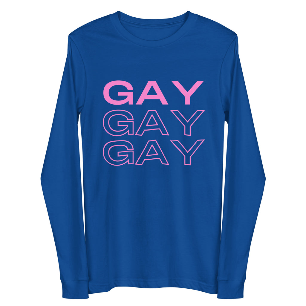 Front view of a royal-blue long-sleeve shirt with pink “GAY” repeated three times