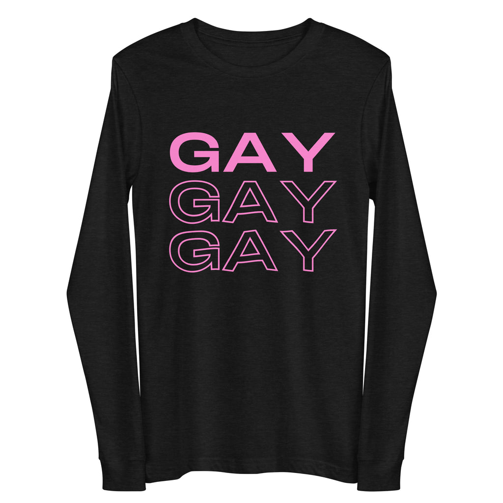 Front view of a black long-sleeve shirt with three pink “GAY” lines