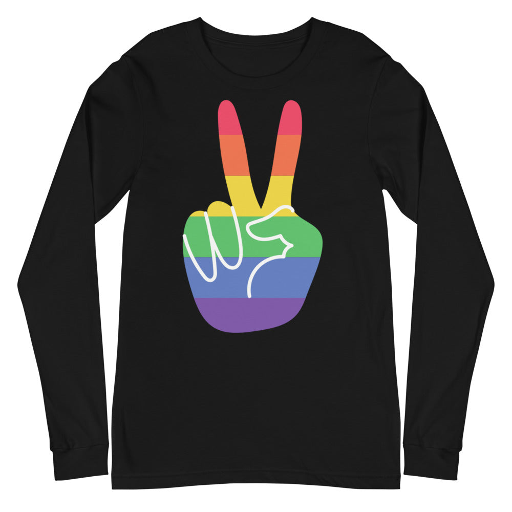 Black long-sleeve shirt with a rainbow peace-sign hand graphic on the front