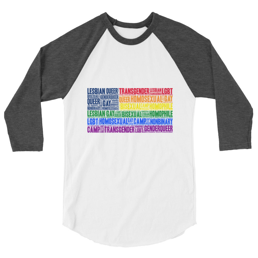 Front-facing white raglan shirt with dark gray three-quarter sleeves and colorful LGBTQ+ word cloud