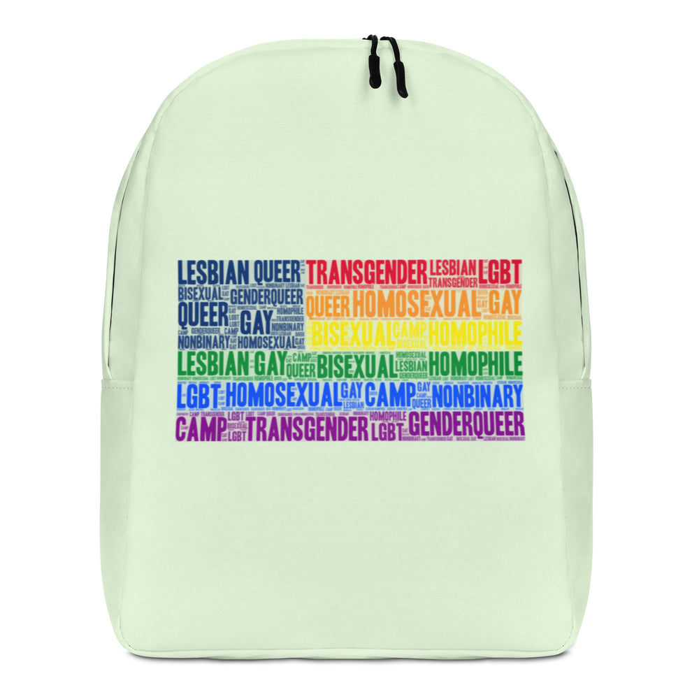 Front view of a pale green backpack with a rainbow word collage of LGBTQ terms